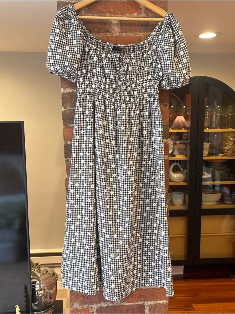 Sophie Rue Black and White Gingham Floral Smocked Midi Dress